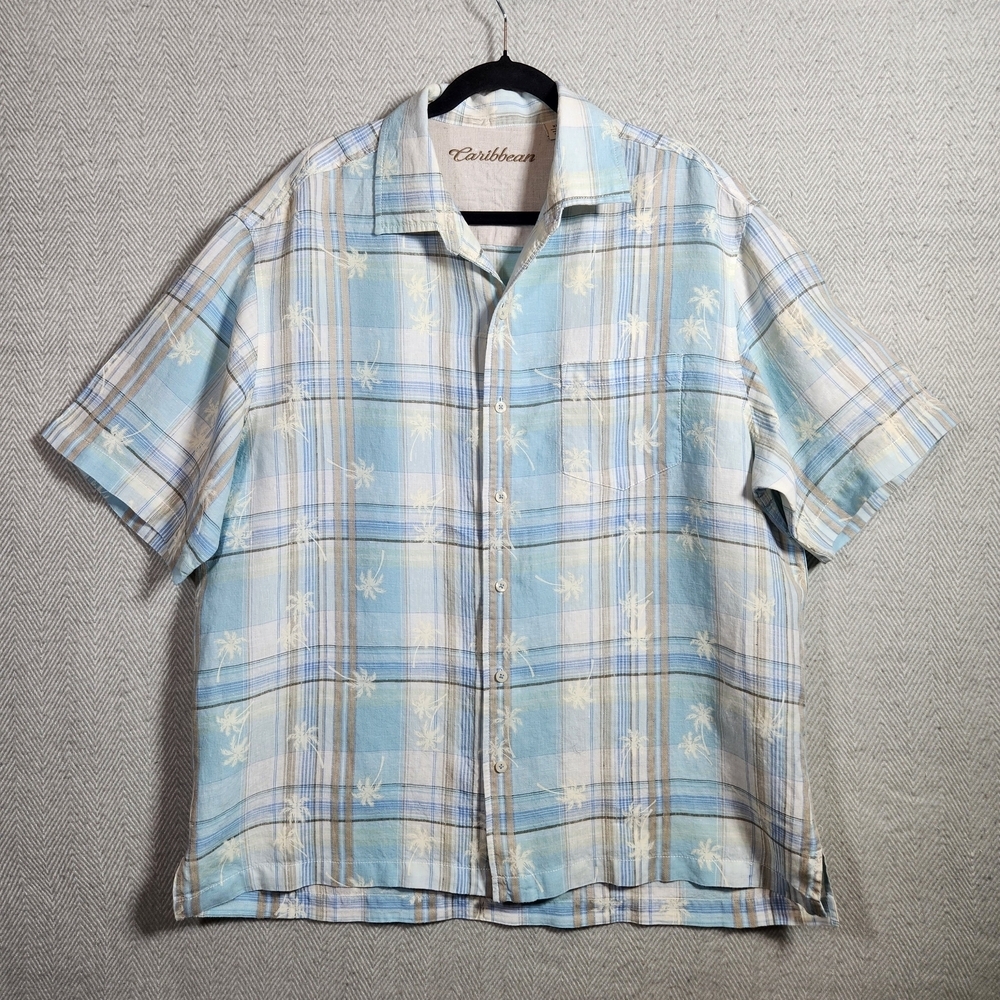 Caribbean Blue Plaid Palm Trees Men's XL Button Down Shirt